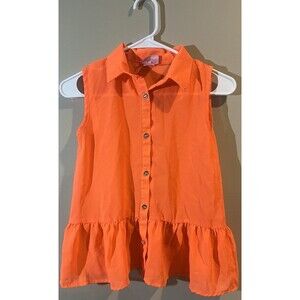 Girls Heart Pink Orange Sleeveless Button Up Shirt Size 14/16